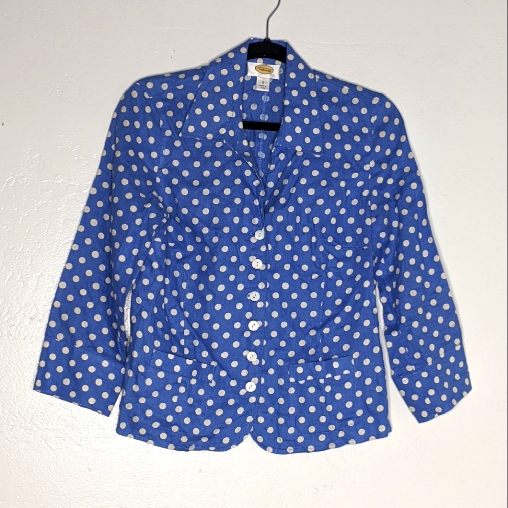 Talbot's Linen Polka Dot Button Up Blazer Blue